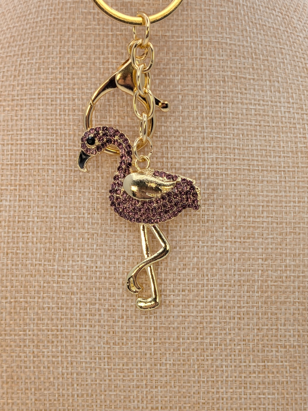 Purple Rhinestone Gold Tone Flamingo Keychain Bag Charm